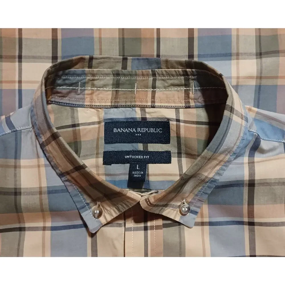 Banana Republic Untucked Fit Men's sz L Long Sleeve Shirt Brown Blue Black Plaid